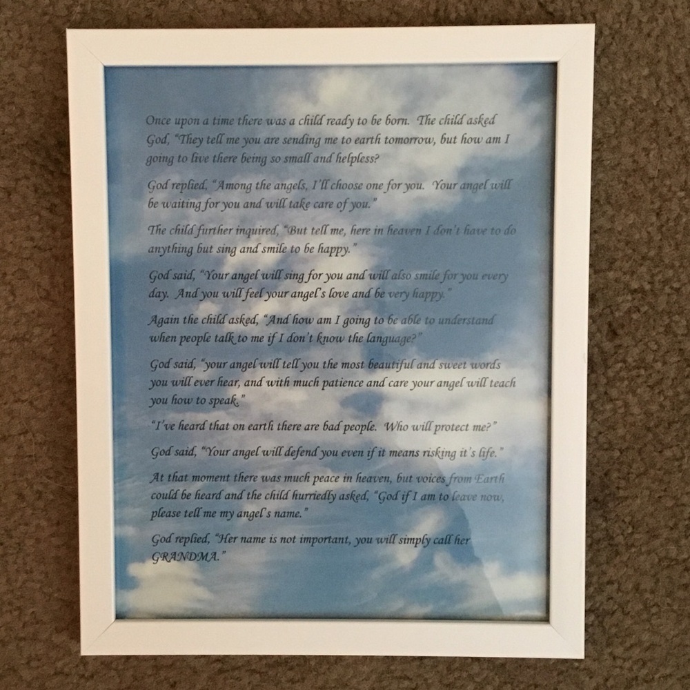 White Framed Wall Art Grandma‎ Poem Print with Blue Cloud Background
